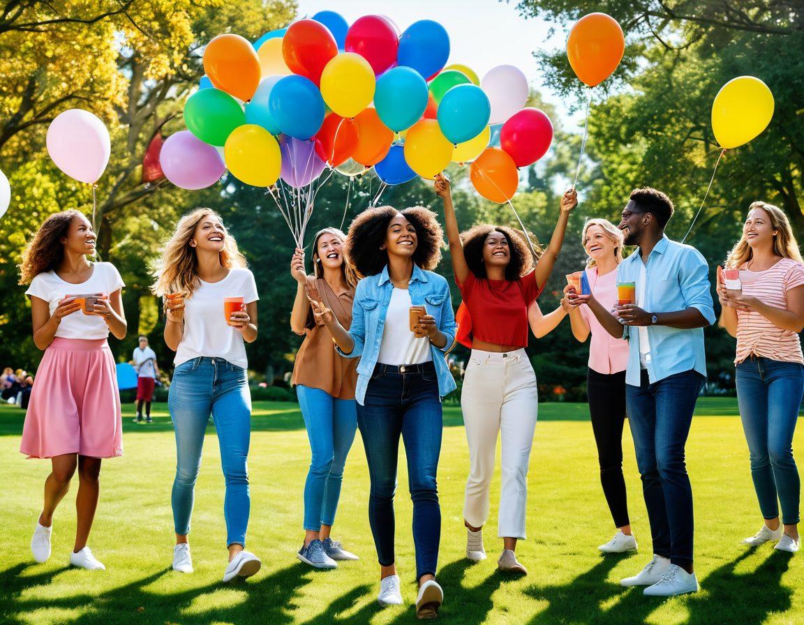 A vibrant, lively scene depicting a diverse group of people joyfully engaging with various Carson quality products—like stylish kitchenware, tech gadgets, and home decor—amidst a bright, sunny park setting. Include elements of laughter, collaboration, and discovery, with colorful balloons and banners in the background celebrating quality and joy. The overall atmosphere should radiate positivity and excitement, showcasing a harmonious blend of innovation and happiness. super-realistic. vibrant colors. warm lighting.