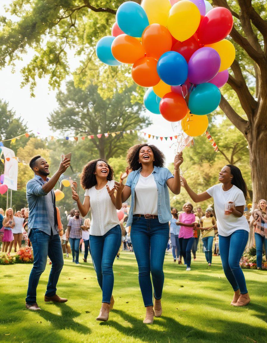 A dynamic scene depicting a diverse group of people celebrating together in a lush park, surrounded by colorful balloons and banners showcasing the logo of Carson Services. Their expressions range from excitement to elation, capturing the joy and benefits of community and support. Include elements like sunshine filtering through the trees, playful pets, and vibrant picnic setups to enhance the atmosphere. super-realistic. vibrant colors. natural setting.